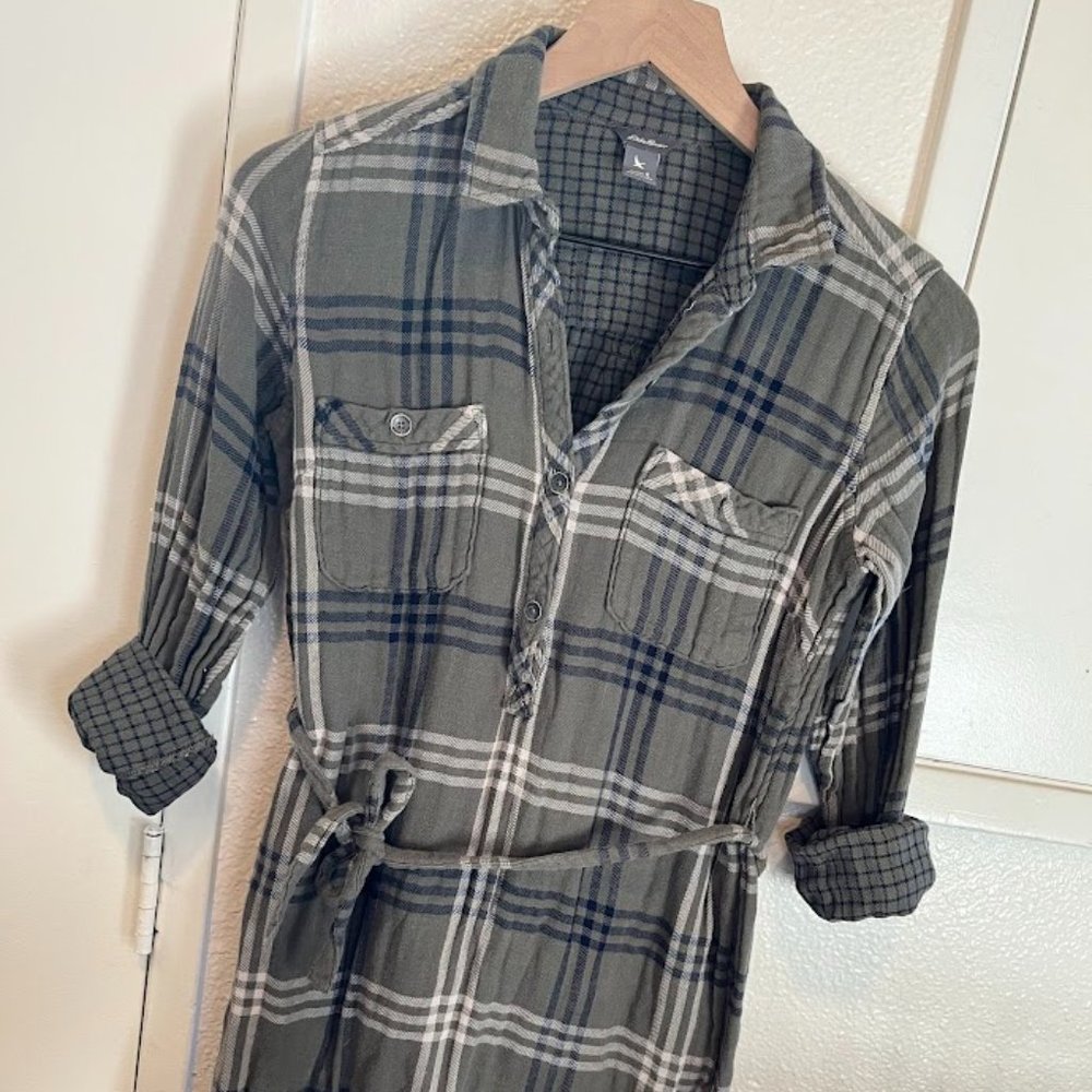 Eddie Bauer Fremont Flannel Shirt Dress Green/grey, small